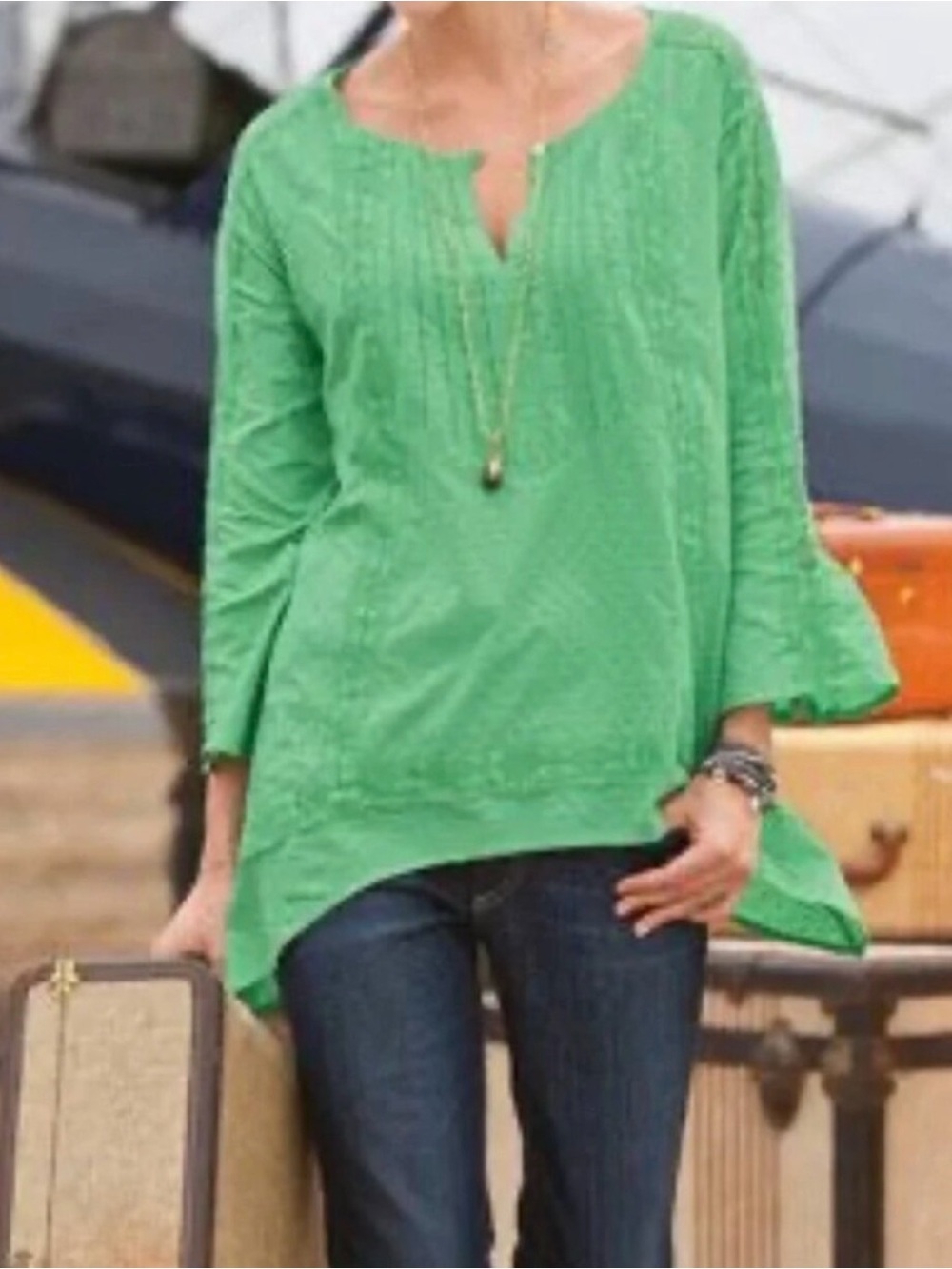 Sundance Bright Green Split-Neck Lace Bell Sleeve Swiss Dot Tunic